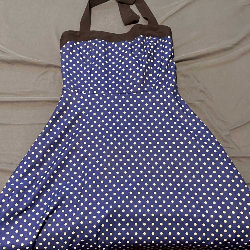 Navy Polka Dot Halter Dress with Black Trim